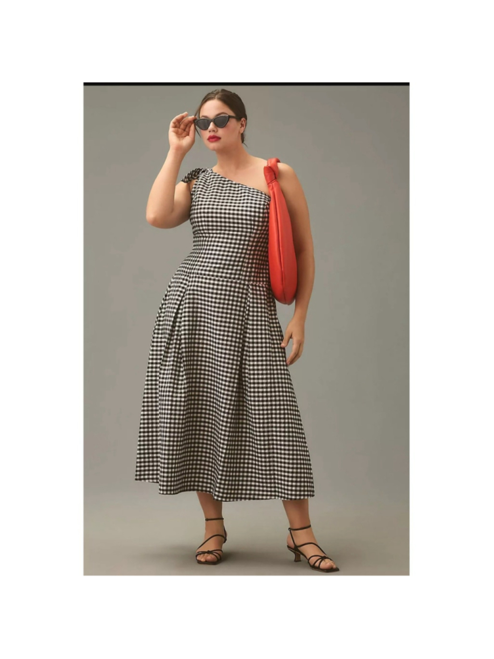 By Anthropologie One-Shoulder Gingham Midi Dress LP cottagecore minimalist chic